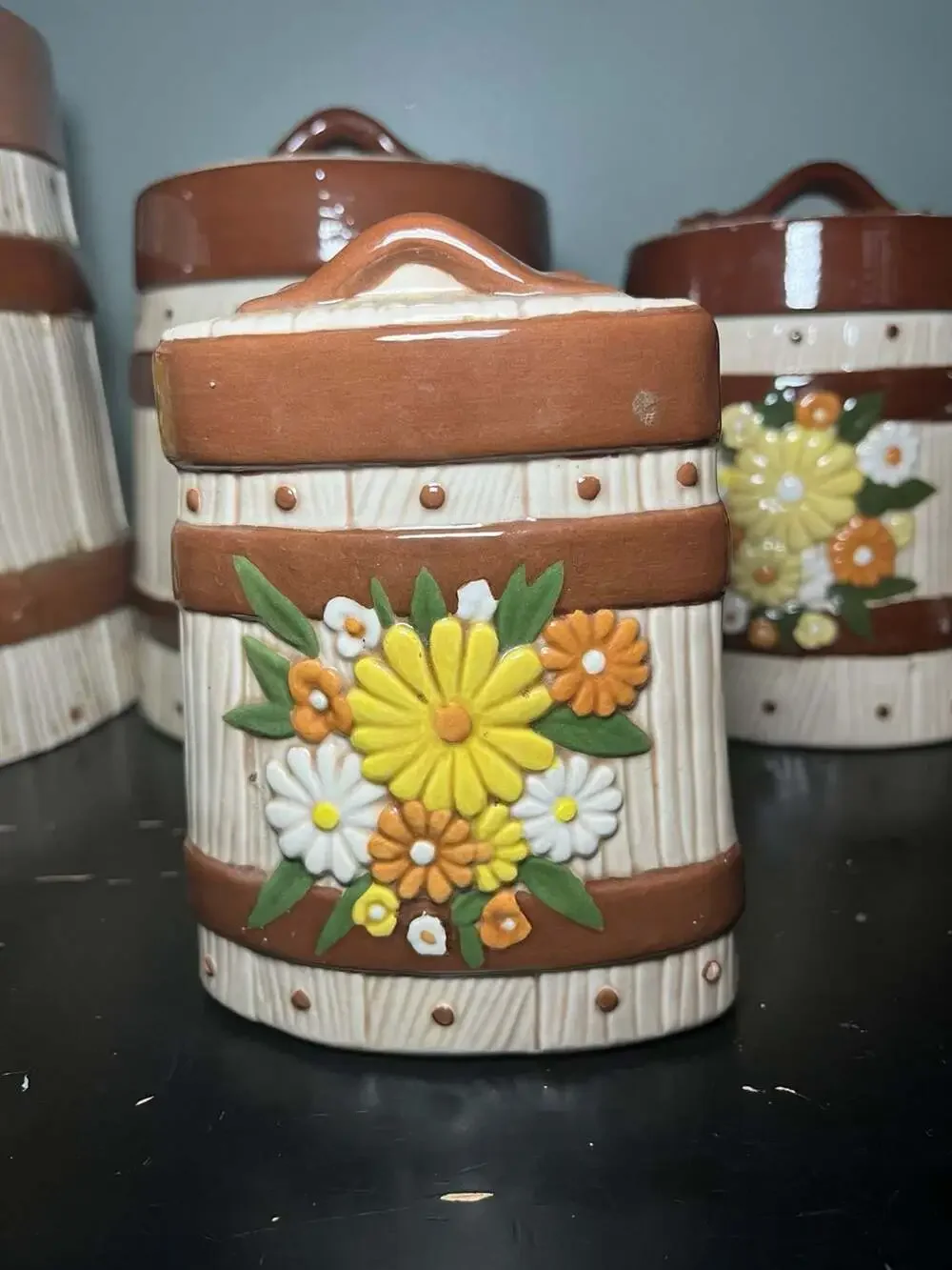 Vintage 70's hand painted ceramic cannister set